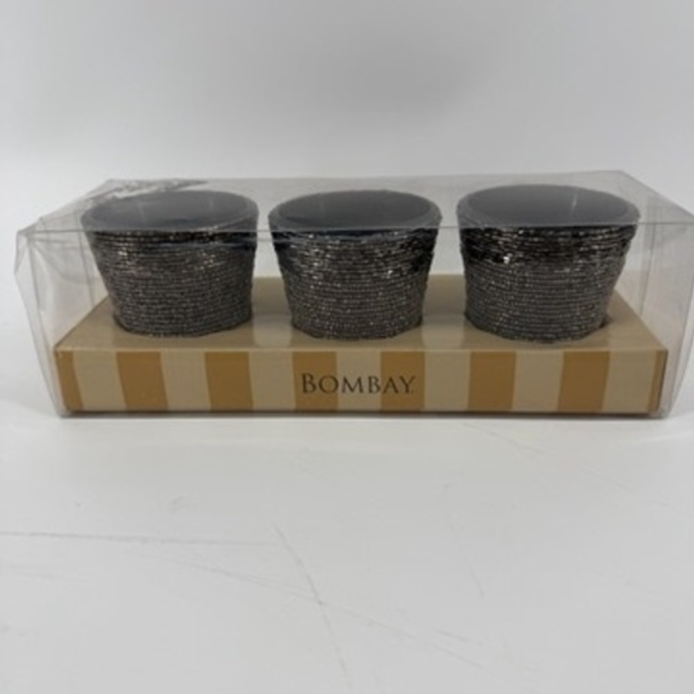 Bombay Set of 3 Hand-Beaded Tealight Holders Gunmetal Graphite 3x3 Votives NEW